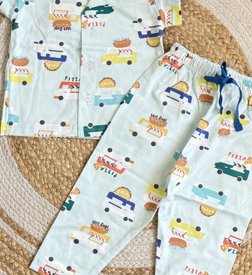 Half Sleeve Kids Night Suit - Light Blue Car Print