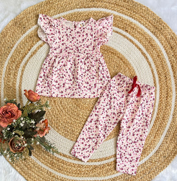 Frock with Pant Co-ord Set - Pink Small Flower