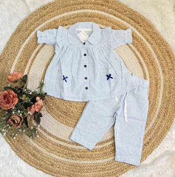 Muslin Girls Co-ords Set - Blue Stripes Half hand
