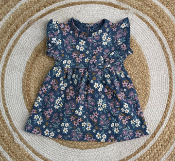 Frill Sleeve Frock - Navy Blue Flower