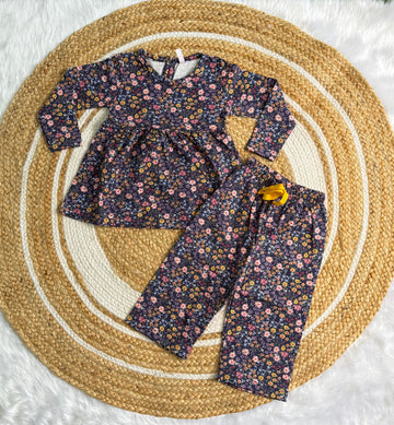 Frock with Pant Set for Kids - Dark Blue Flower