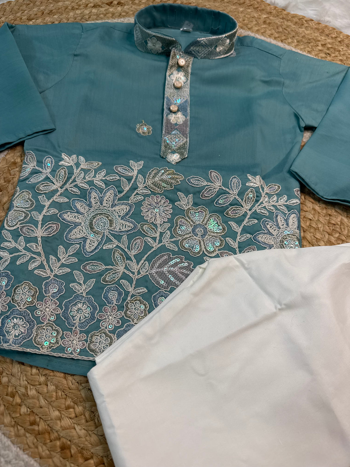 Premium Silk Embroidery Kurta Set - Teal Blue
