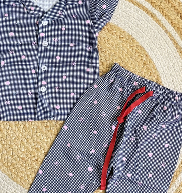 Half Sleeve Kids Night Suit - Navy Blue Pink Dot
