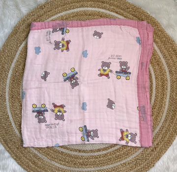 Muslin Receiving Blanket - Pink Teddy Bear car