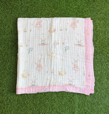 Muslin Received Blanket - Pink Border with Rabbit 100*100 cm