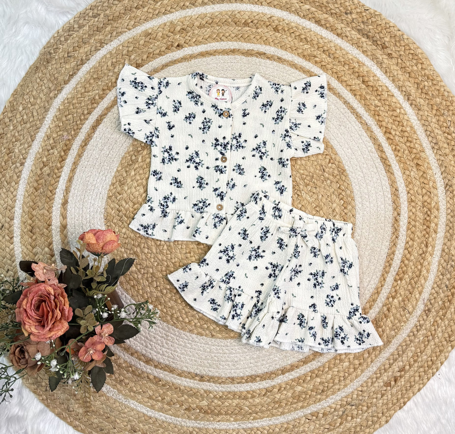 Co-ord Set for Girls - Dark Blue Flower