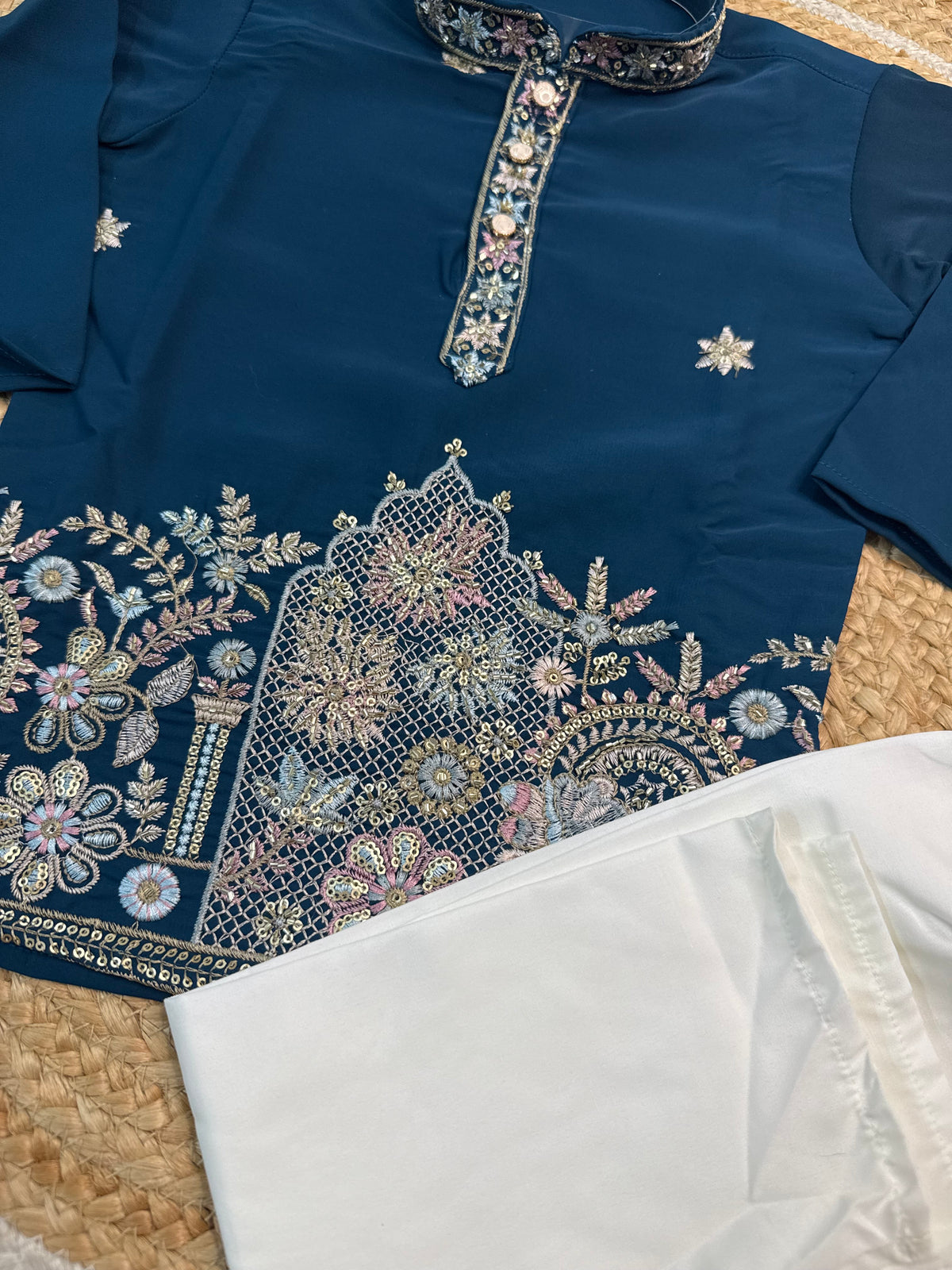 Premium Silk Embroidery Kurta Set - Navy Blue