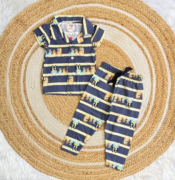 Half Sleeve Kids Night Suit - Navy Blue Stripes
