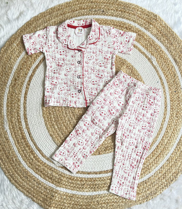 Half Sleeve Kids Night Suit - White Smiley