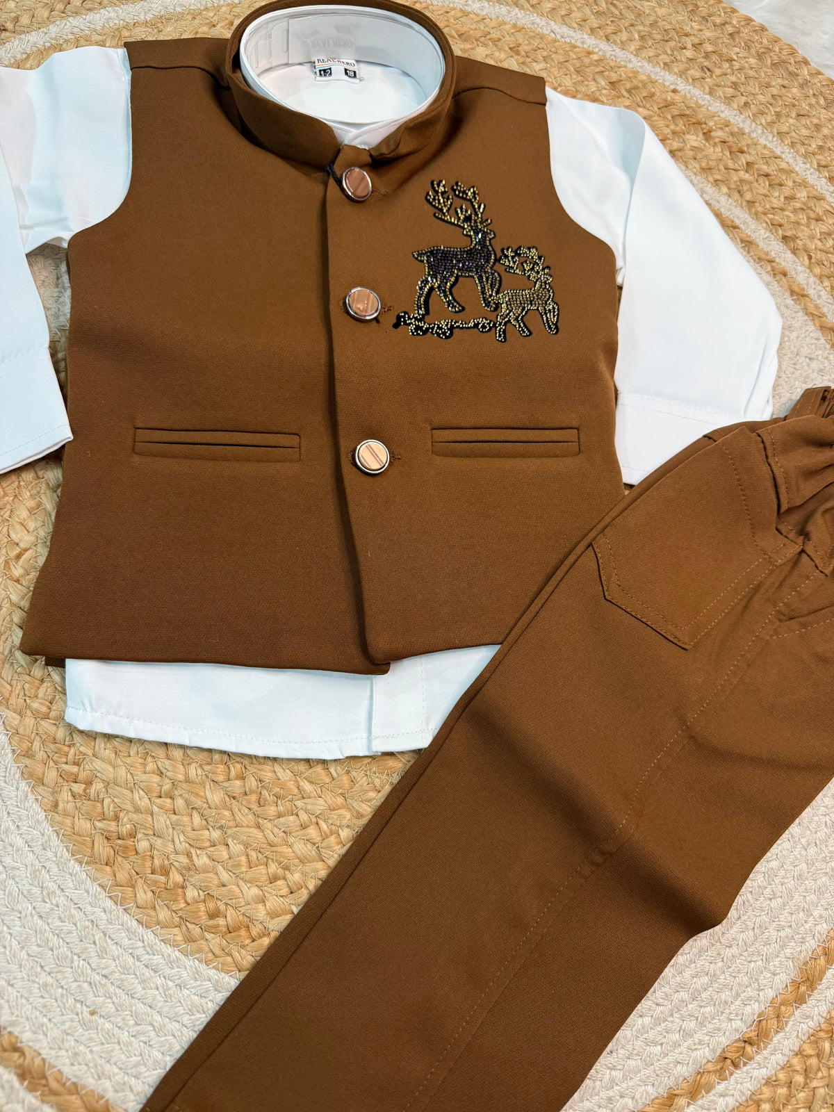 Premium 3-Piece Boys Coat Suit Set - Brown