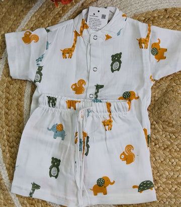 Premium Muslin Co-Ord Set - White Animals Print