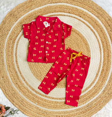 Half Sleeve Kids Night Suit - Red Bow