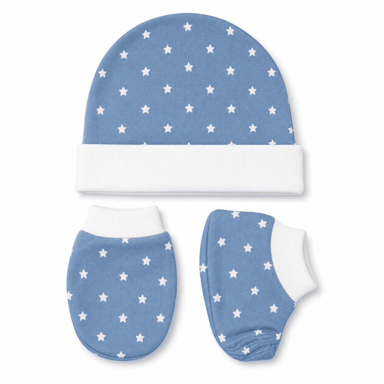 Cap, Mitten & Bootie Set - Blue White Dot