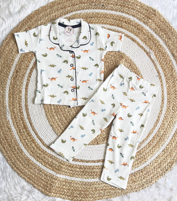 Half Sleeve Kids Night Suit - White Dinosaur