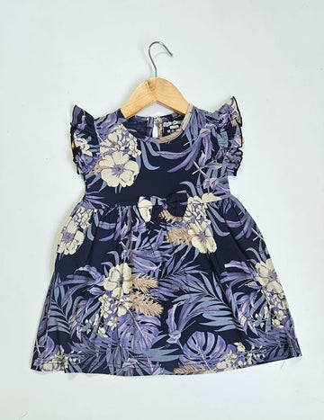 Frill Sleeve Frock - Purple Leaf with Flower