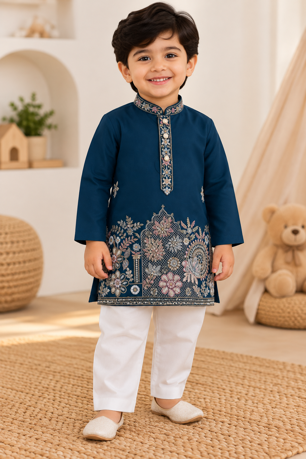 Premium Silk Embroidery Kurta Set - Navy Blue