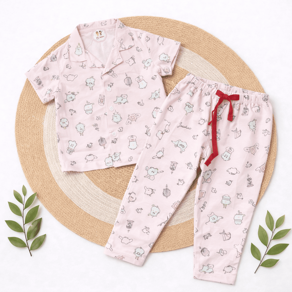 Half Sleeve Kids Night Suit - Light Pink Doodle