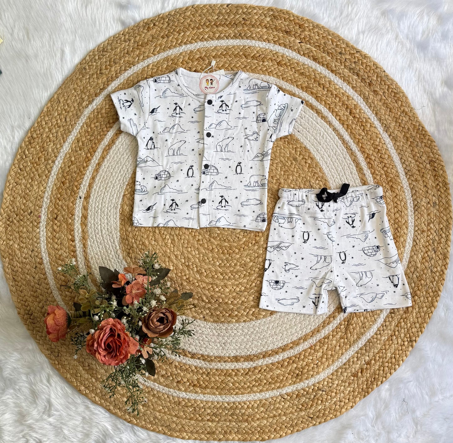 Button Shorts Set - White Penguin
