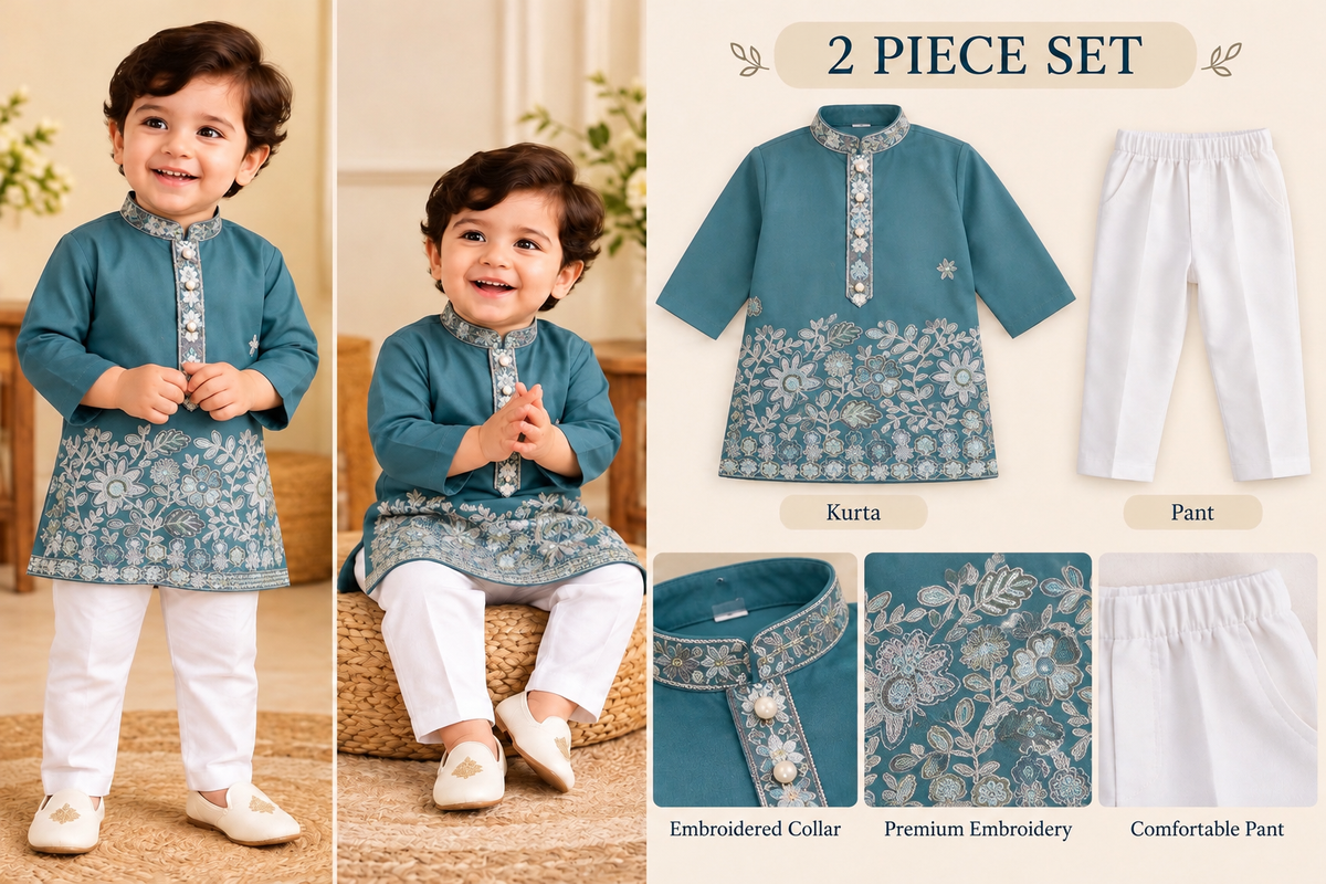 Premium Silk Embroidery Kurta Set - Teal Blue