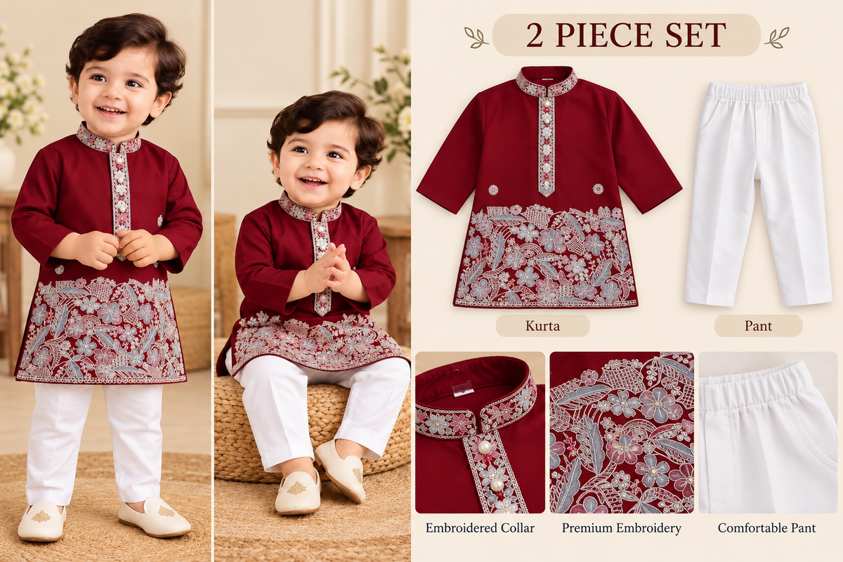 Premium Silk Embroidery Kurta Set - Red