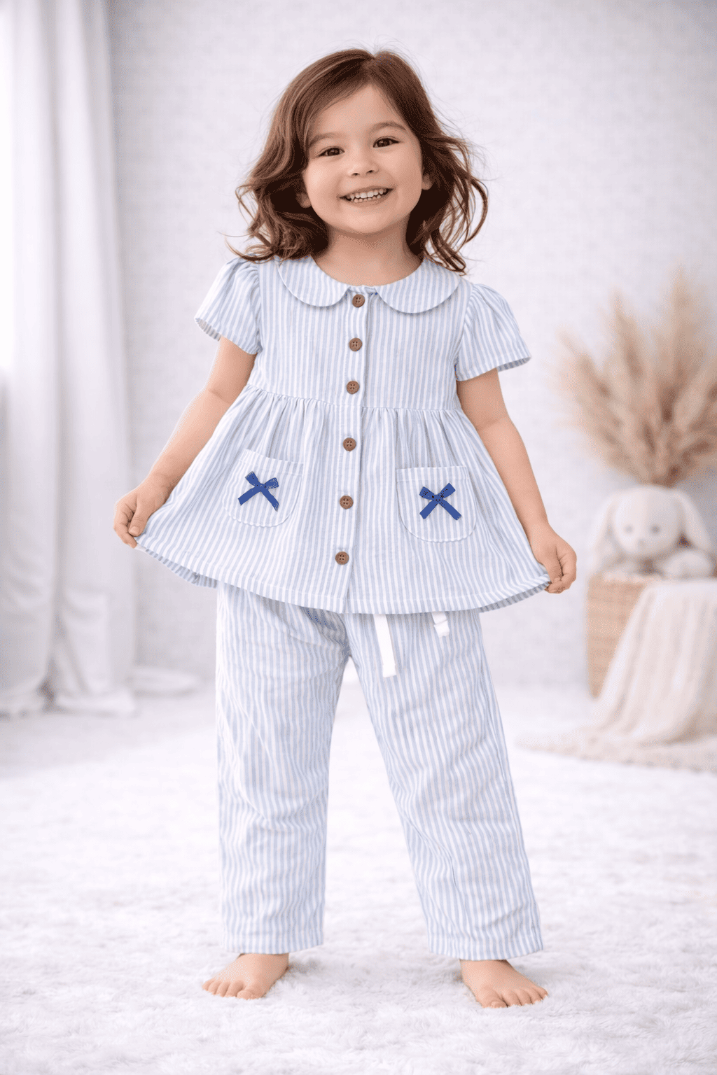 Muslin Girls Co-ords Set - Blue Stripes Half hand