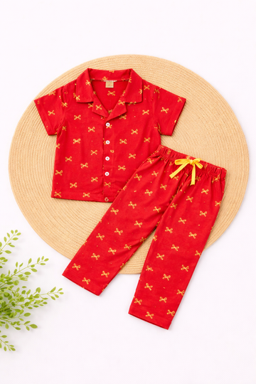 Half Sleeve Kids Night Suit - Red Bow