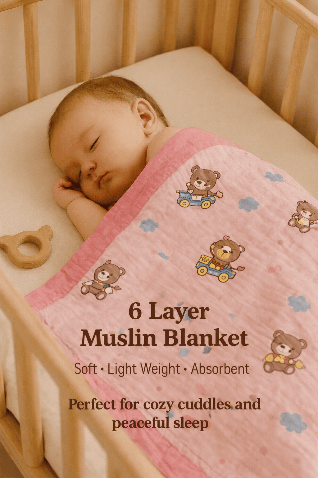 Muslin Receiving Blanket - Pink Teddy Bear car