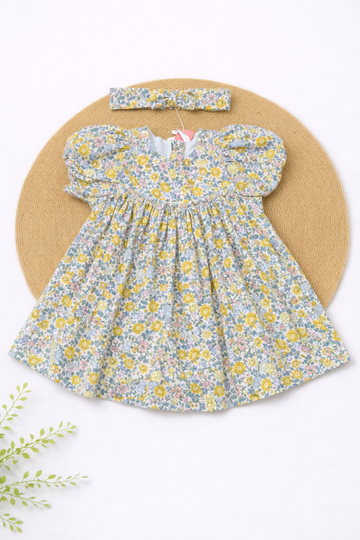 Muslin Frock with Headband- Yellow Flower