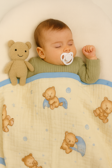 Muslin Receiving Blanket - Blue Border with Bear Sleeping 110*110 cm
