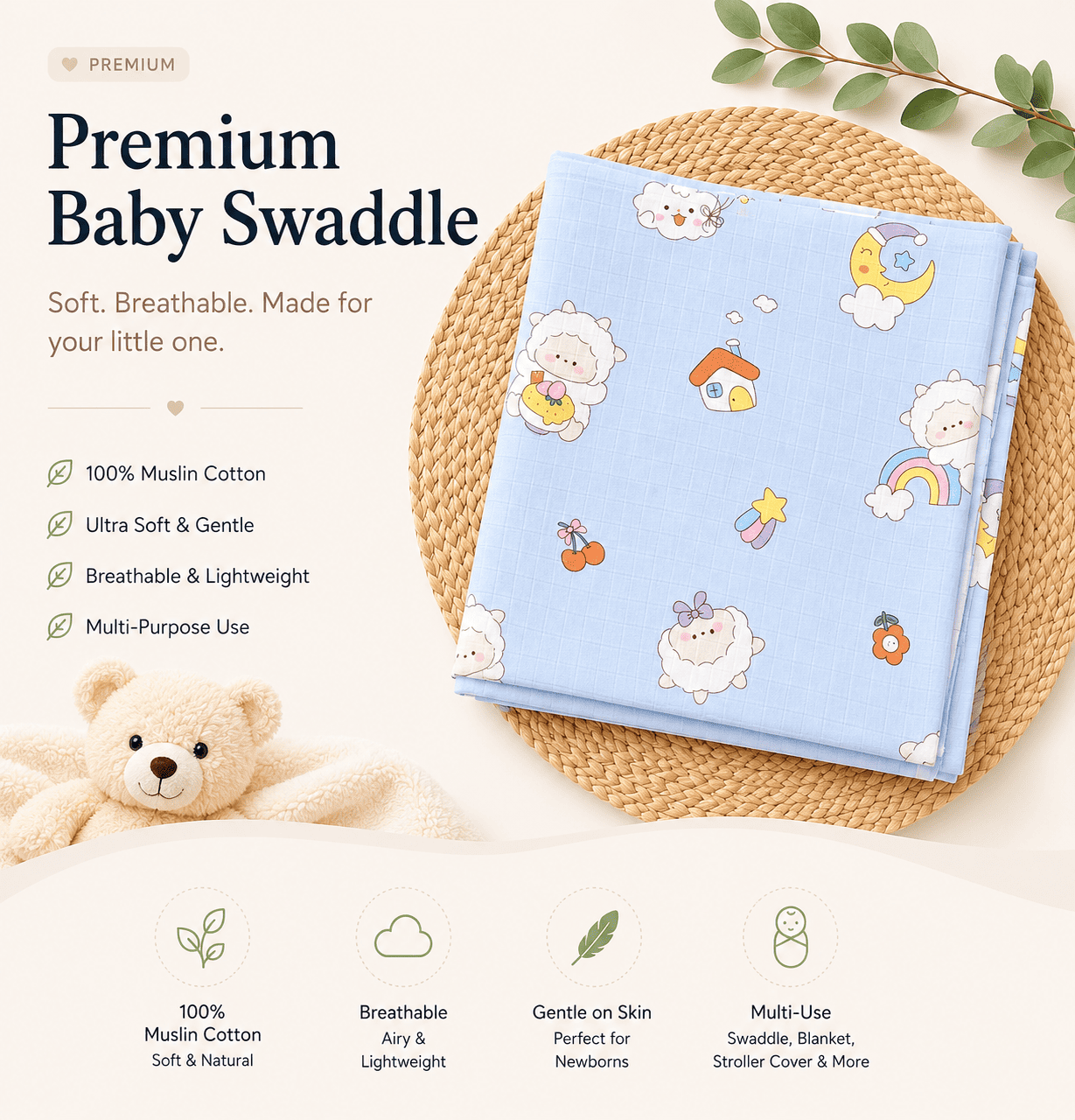 Premium Muslin Swaddle - Blue Sheep