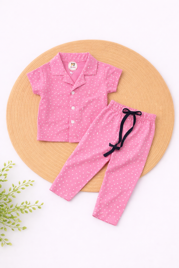 Half Sleeve Kids Night Suit - Pink White