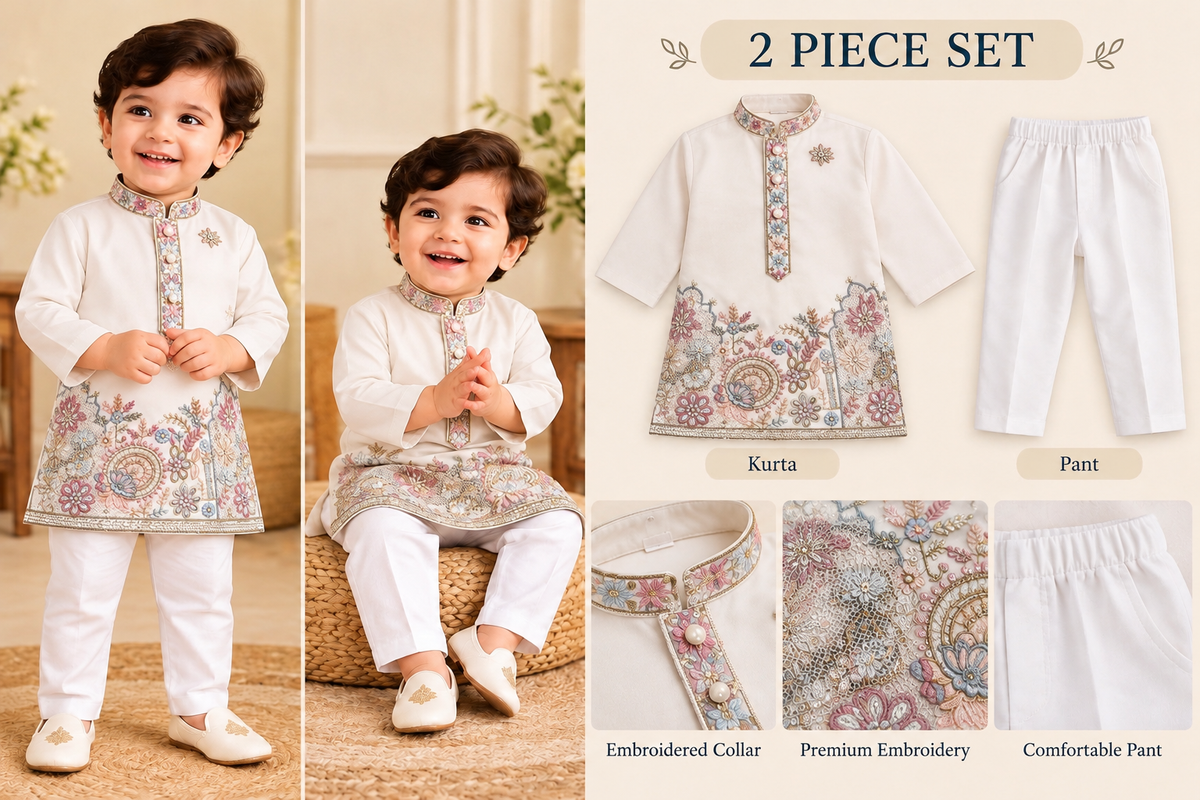 Premium Silk Embroidery Kurta Set - Off White
