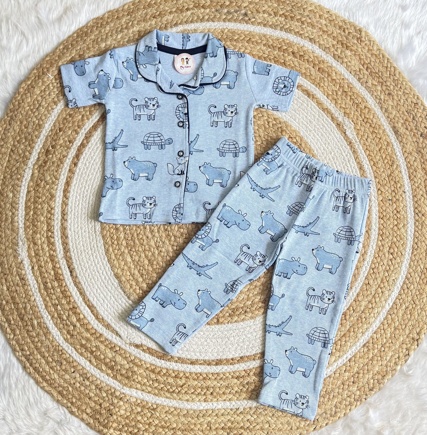Half Sleeve Kids Night Suit -     Soft Blue Jungle Print