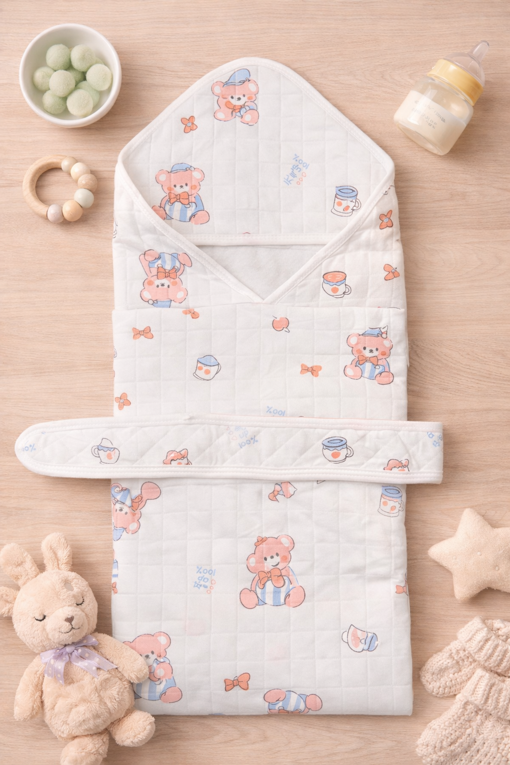 4-Layer Muslin Hooded Towel - Pink Bear