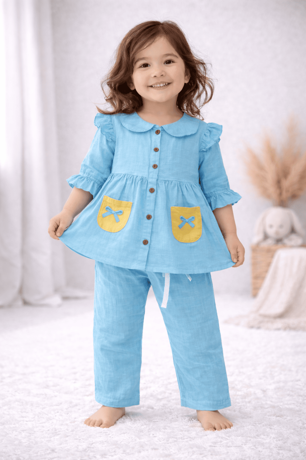 Muslin Girls Co-ords Set - Blue With Yellow Half hand