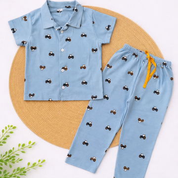 Half Sleeve Kids Night Suit - Blue Car