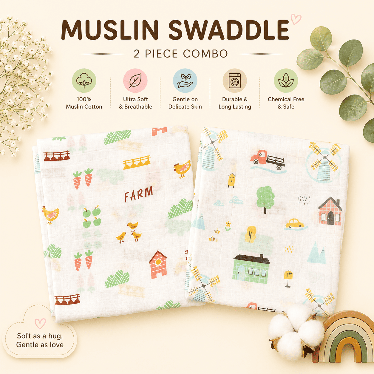 Muslin Swaddle – Combo Pack of 2 (Farm+Village)