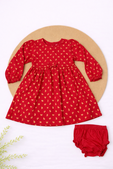 Girls Cotton Frock-Red