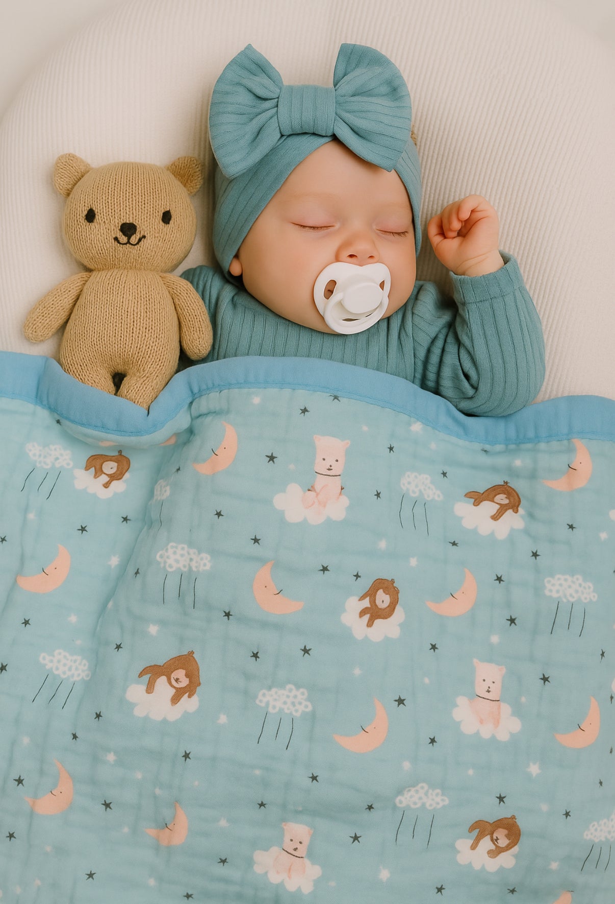 Muslin Receiving Blanket - Blue Border with Bear Sleeping on Cloud 110*110 cm