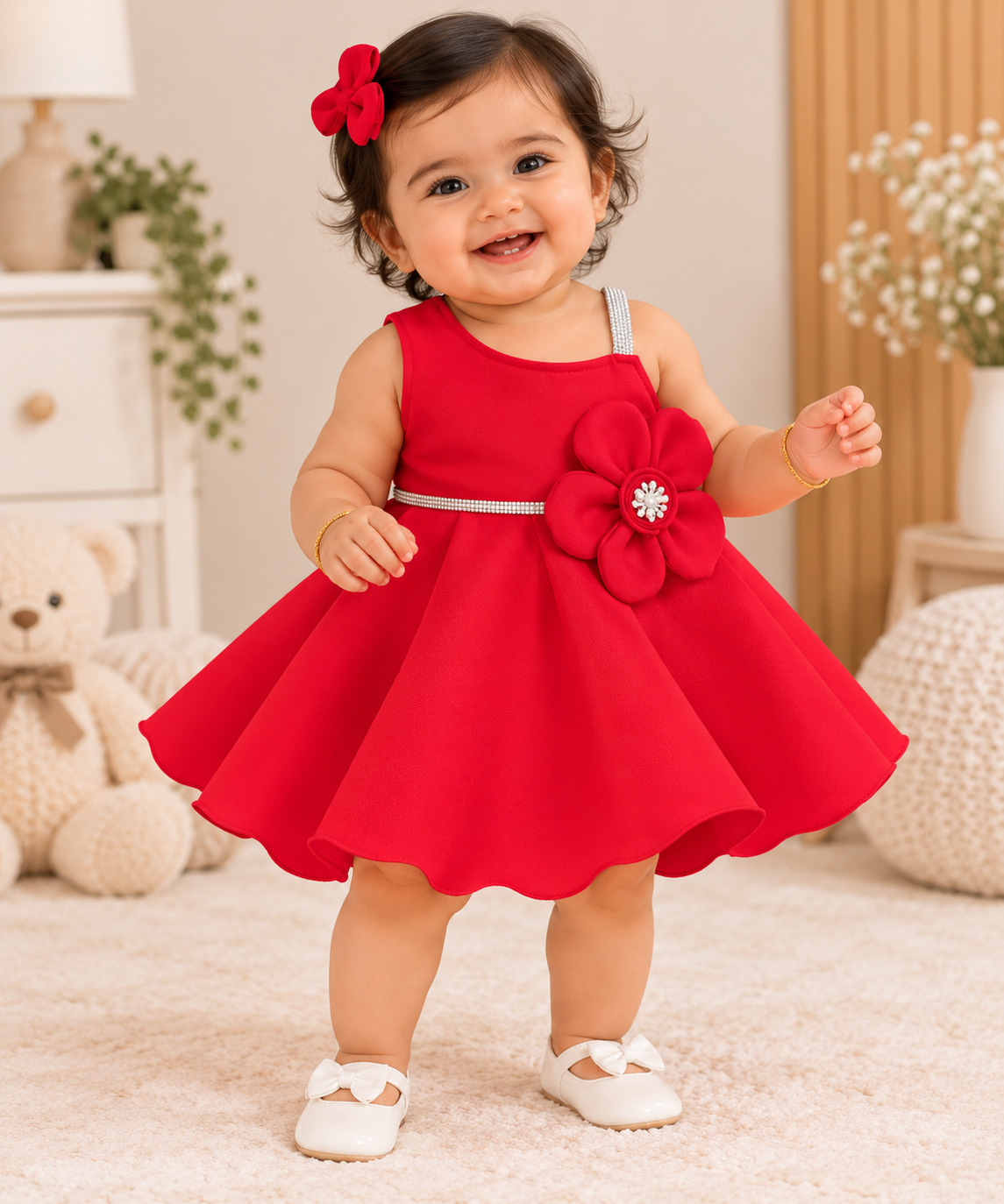 Premium Scuba Frock with Flair - Red (Baby)