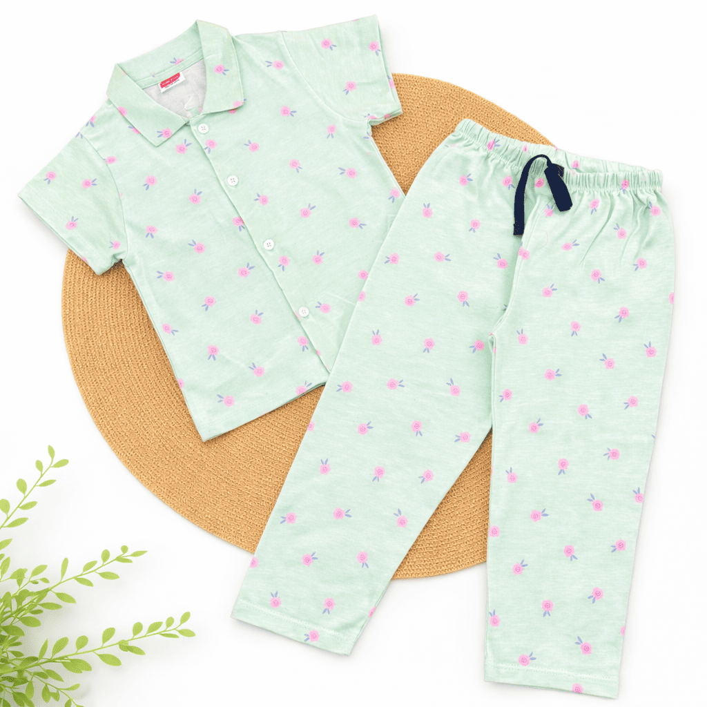 Half Sleeve Kids Night Suit - Pastel Green Small Flower