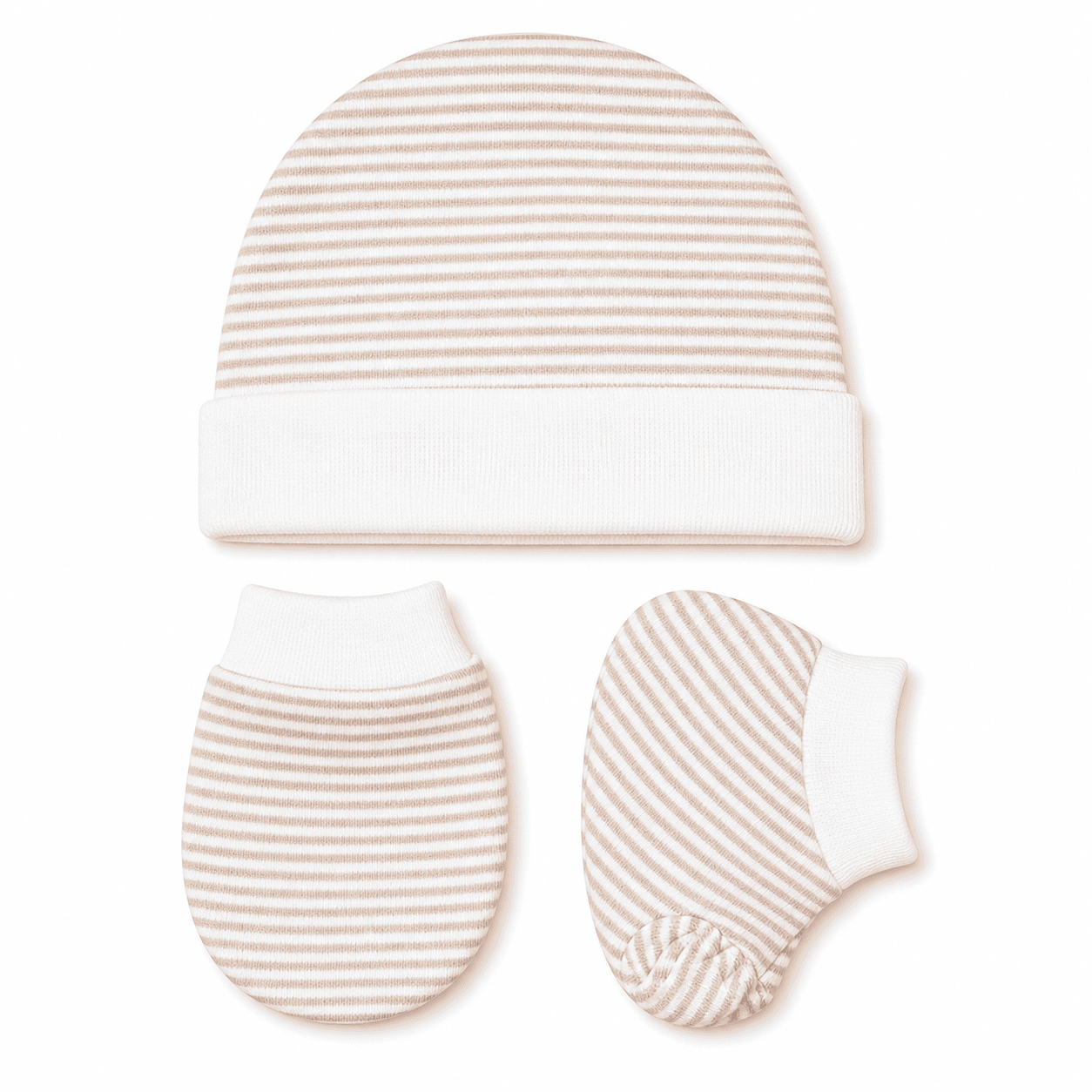 Cap, Mitten & Bootie Set - Brown with White Stripes