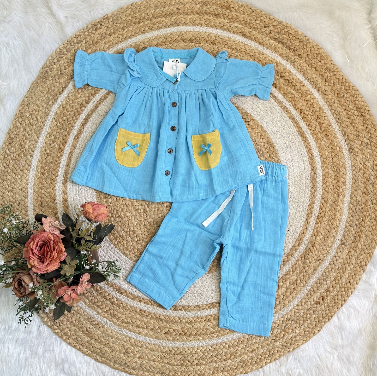 Muslin Girls Co-ords Set - Blue With Yellow Half hand