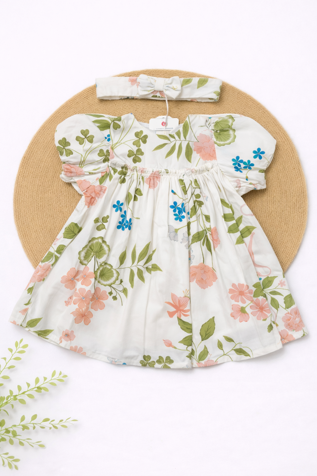 Muslin Frock with Headband- Big Flowers with Leaf