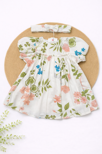 Muslin Frock with Headband- Big Flowers with Leaf