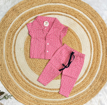 Half Sleeve Kids Night Suit - Pink White
