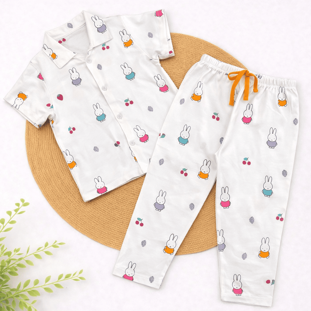 Half Sleeve Kids Night Suit - White Cute Bunny