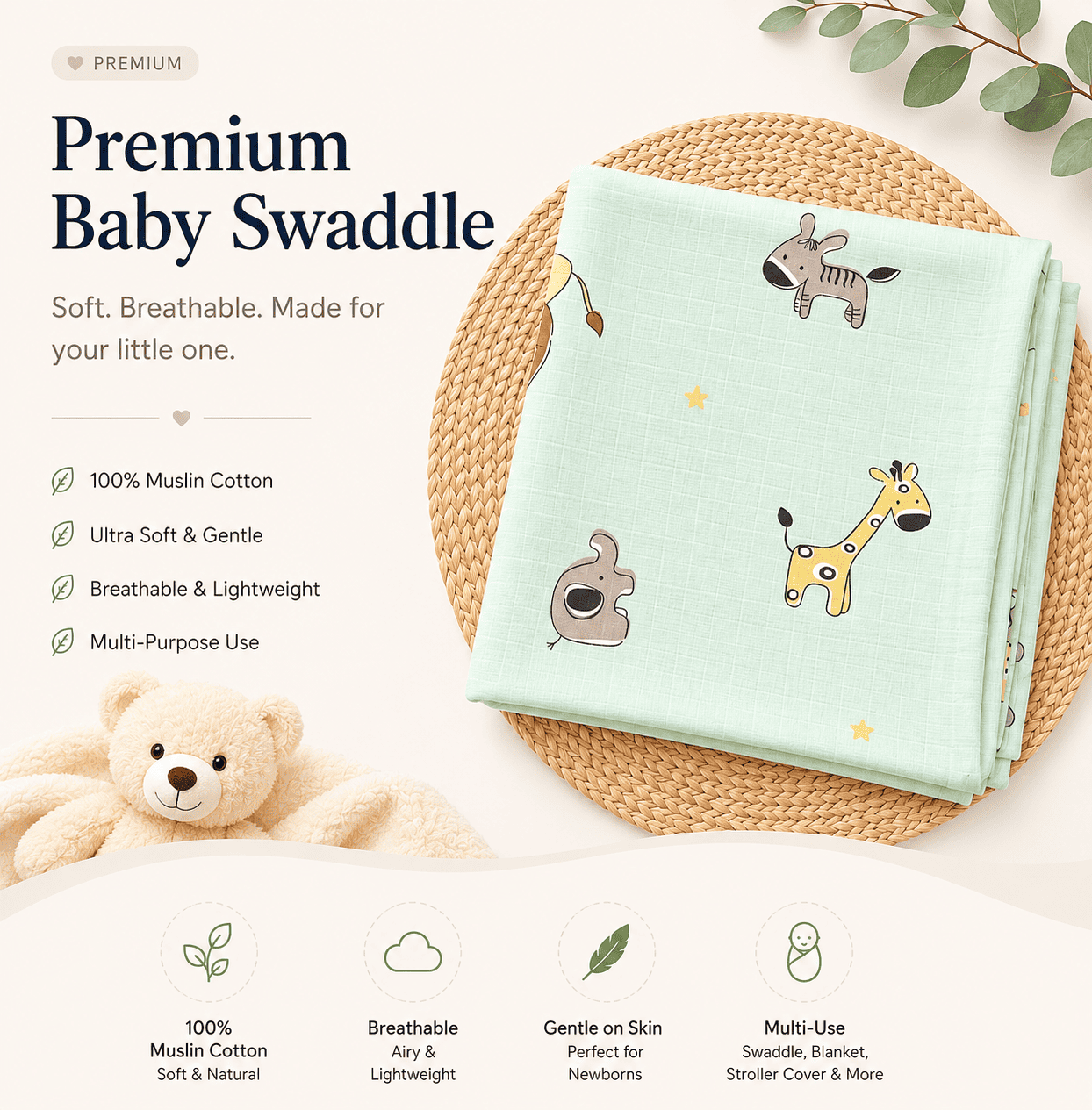 Premium Muslin Swaddle - Green Animals