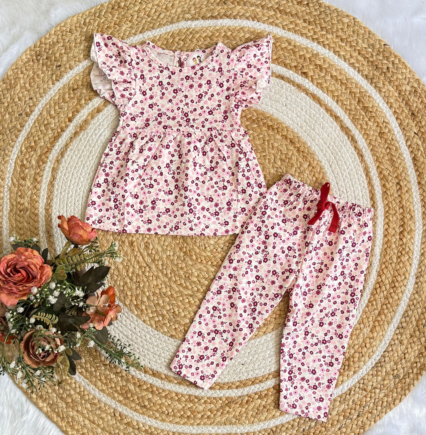 Frock with Pant Co-ord Set - Pink Small Flower
