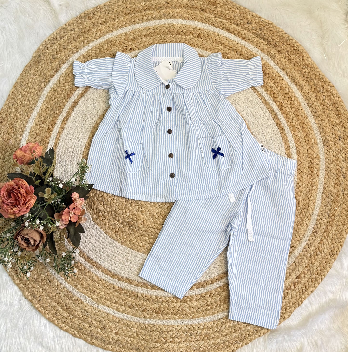 Muslin Girls Co-ords Set - Blue Stripes Half hand